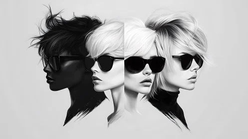 Monochrome triptych of stylized female profiles with gradient lighting