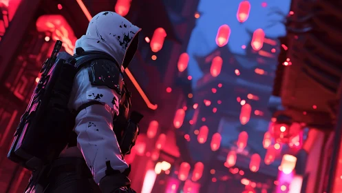 Hooded tactical figure walks through neon lit lantern street