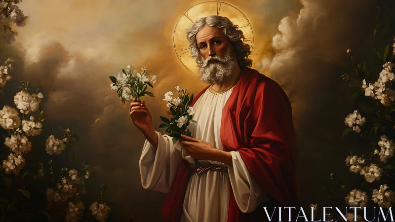 Sacred robed elder holding blossoms amid radiant haloed light.