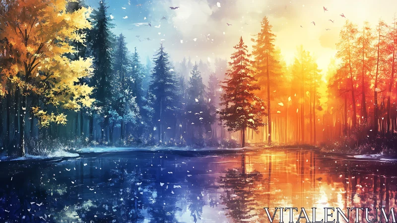 Bifurcated seasonal forest reflected across chromatic lake.