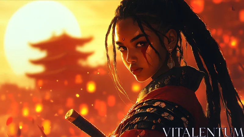 Female warrior with sword before lanterns and pagoda at dusk.