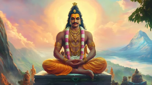 Seated figure in lotus pose is centered before mountain landscape