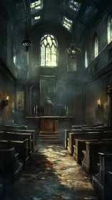 Whispering light in a crumbling, ghost-haunted chapel nave.