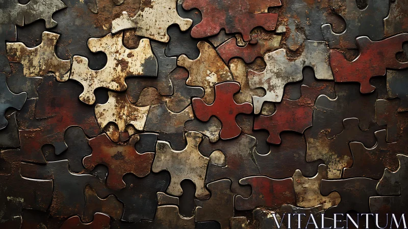 Rusty Metal Jigsaw Puzzle Pieces in Industrial Artistic Style.