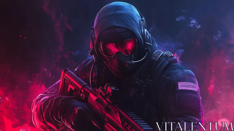 Cyber soldier advances through neon-lit smoke and darkness.