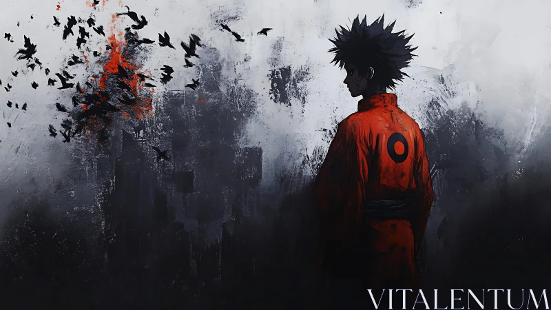 Solitary figure in vivid red amid storm of black crows.