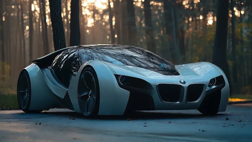 Futuristic BMW concept car glides through a misty forest road.