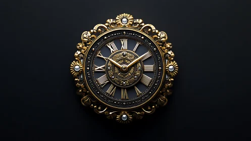 Ornate gold wall clock glows against a deep black backdrop