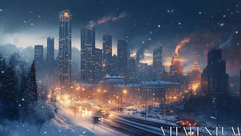 Digital winter metropolis skyline with luminous traffic grid.