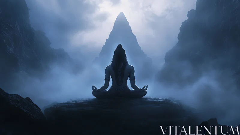 Backlit yogi silhouette in misty canyon with symmetric mountain