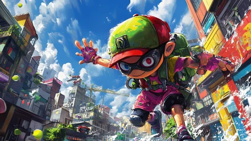 Energetic street skater splashing through a colorful city.