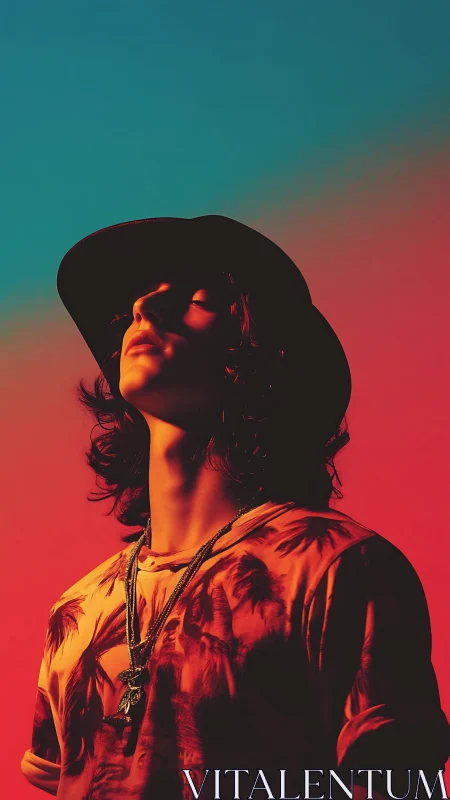 Young man in hat under bold red teal studio lighting.