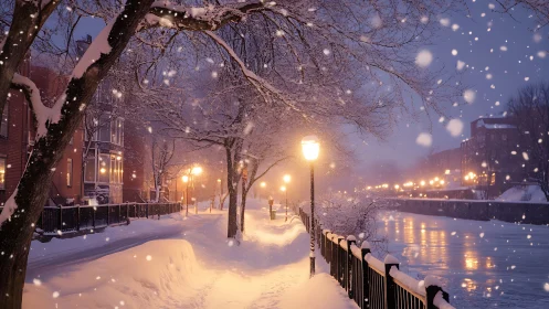 Snow-laden riverside promenade glows under warm lamplight