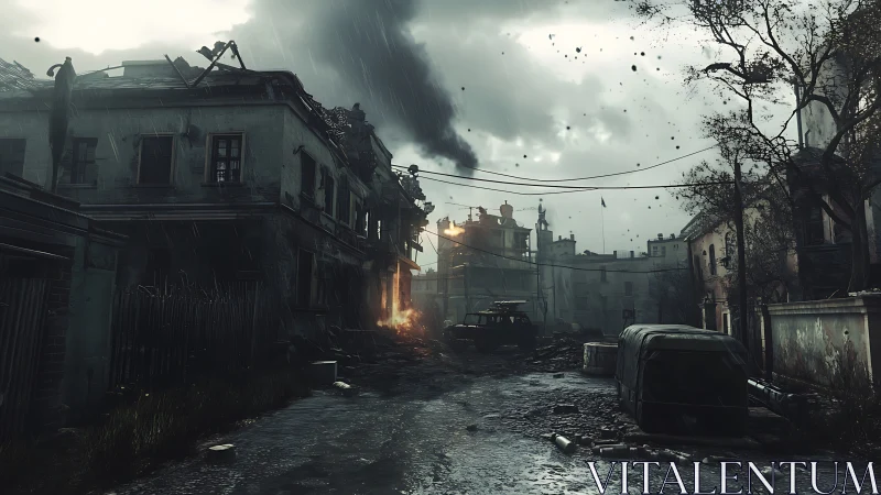 Post-conflict urban corridor under dynamic storm lighting.