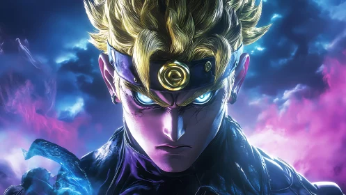 Stylized anime warrior rendered in intense neon lighting