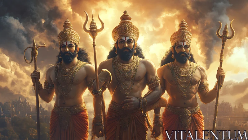 Sunlit warrior trinity strides forward through storm-lit heavens