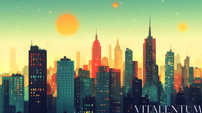 Color saturated futuristic city skyline under glowing suns