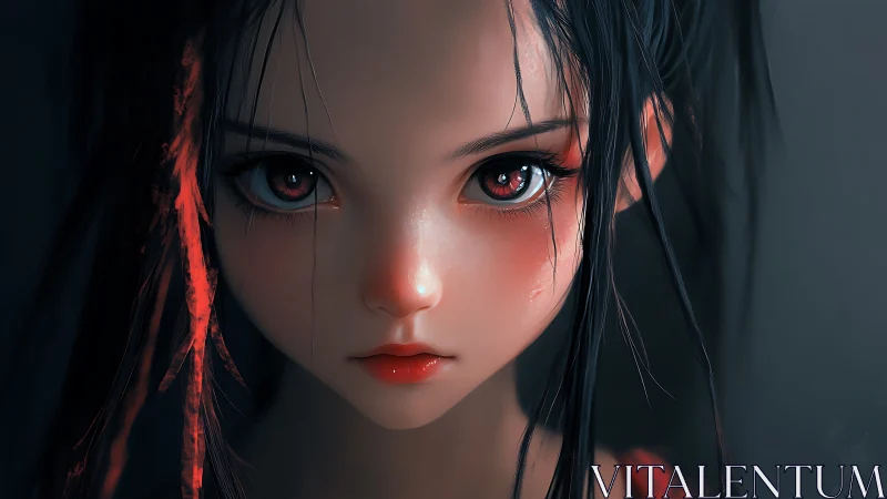 Intense close portrait of red lit anime girl character.