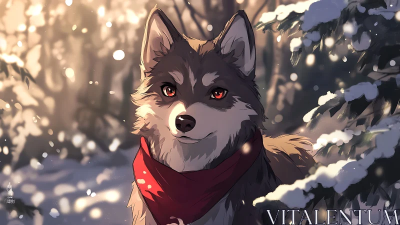 Gentle winter wolf with red scarf in glowing forest snow.