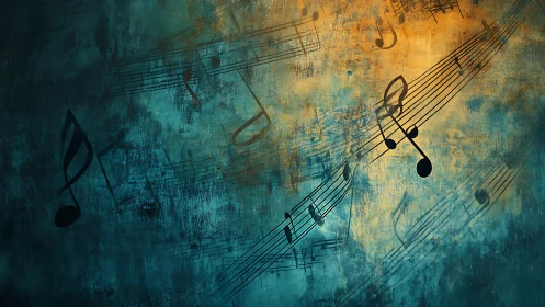 Musical notes stream across teal and gold textured field.