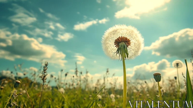 Dandelion seed head stands in sharp focus against bright sky