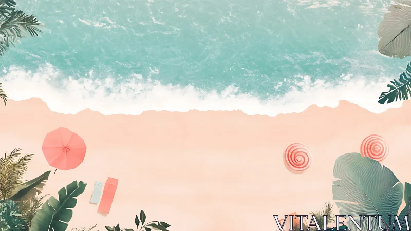 Overhead Beach Scene with Parasols, Foliage, and Turquoise Waterline