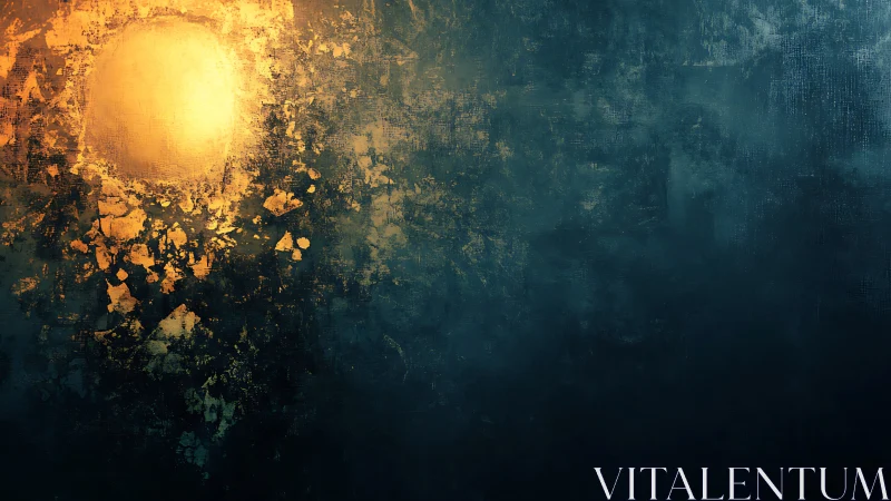 Radiant golden orb dissolving into deep textured teal field.