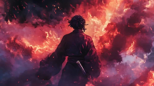 Samurai silhouette standing before large surrounding flames.