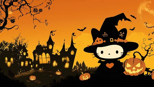Halloween illustration depicting character with haunted manor silhouette scene