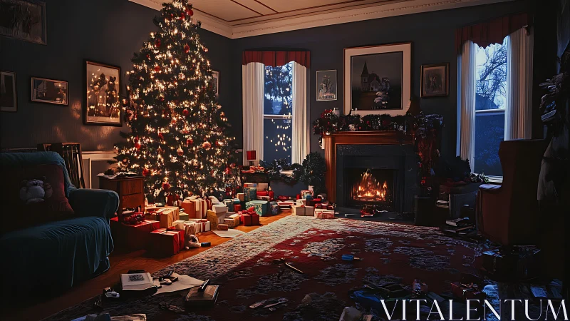 Photoreal Christmas living room with tree and fireplace.