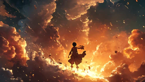 Lone cloaked figure ascending through blazing sunset clouds.