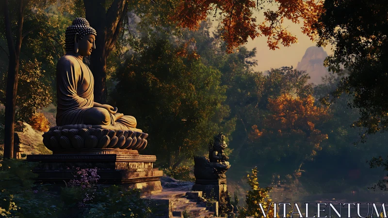 Buddha statue sits by a forest lake at warm sunset light