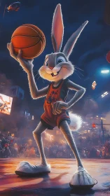 Energetic cartoon rabbit poised for nighttime street basketball.