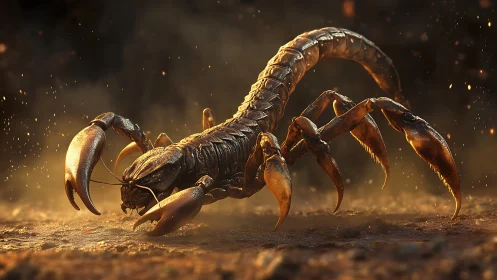 Ember-scorched titan scorpion prowl in molten dusk haze.