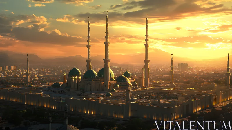 Golden sunset bathes grand mosque with emerald domes.