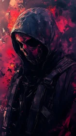 Hooded skeletal warrior emerges from burning crimson void.