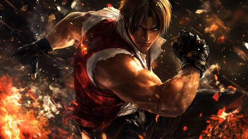 Fire-forged street fighter lunges through shattering embers.