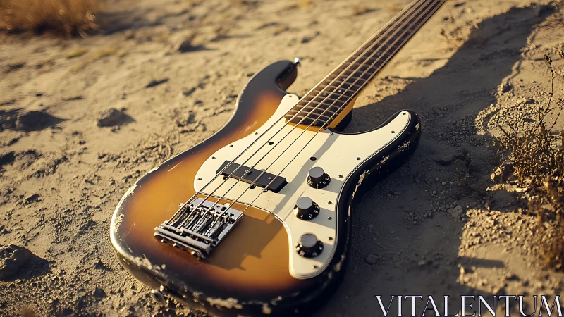 Sunburst electric bass guitar lying on dry sandy ground.