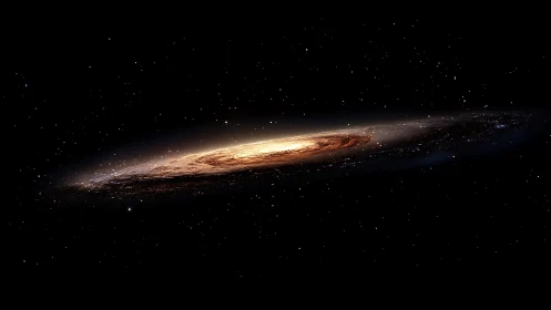 Edge-on spiral galaxy with bright central core in space.