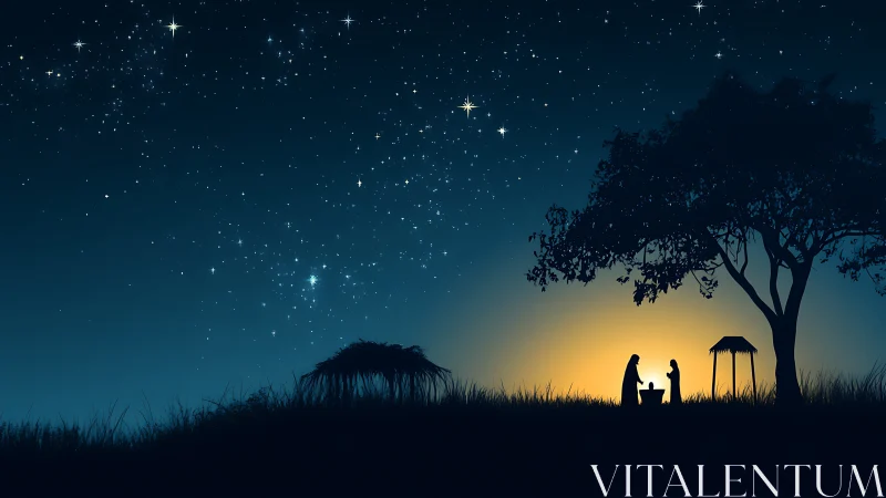 Silent nativity silhouettes under radiant starlit sky.