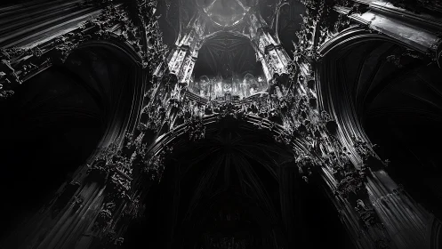 Gothic cathedral interior rendered in stark monochrome light.