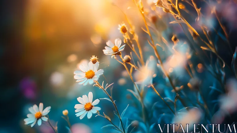 Daisies in backlit field conditions with selective focus.