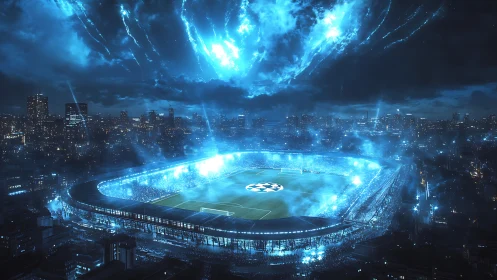Electric night sky crowns a glowing city football stadium