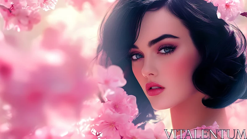 Elegant woman amid dreamy pink blossoms gazes softly.