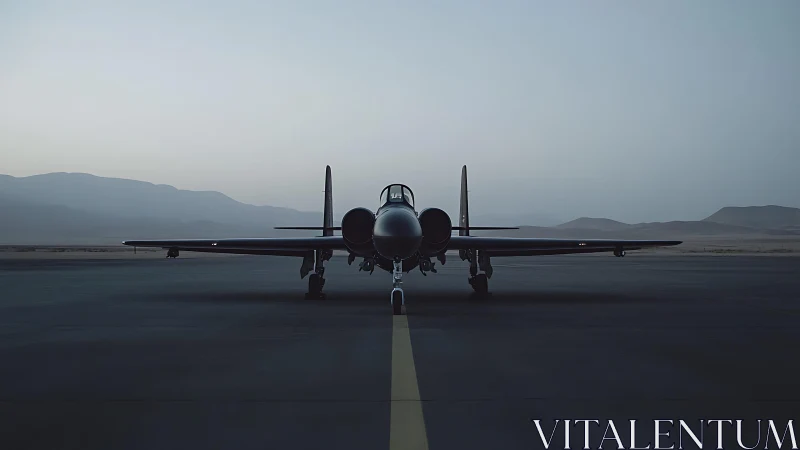 Twin-engine jet aircraft rests centered on empty runway