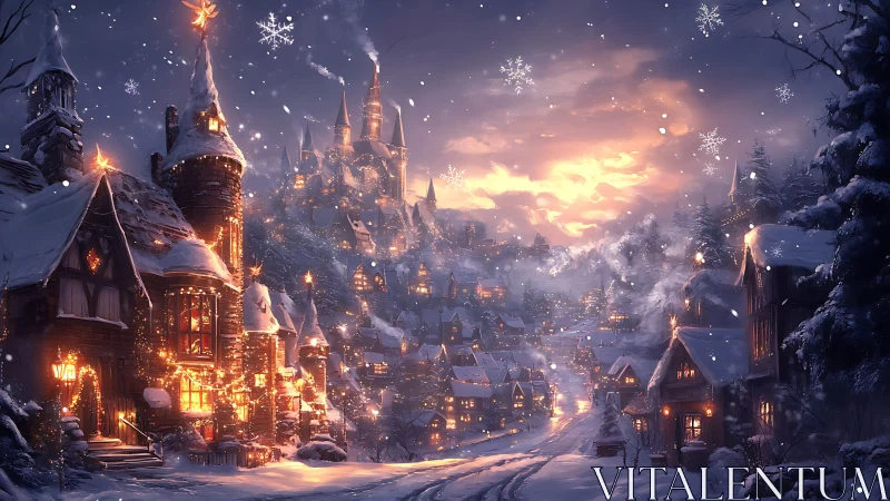 Snowy fantasy village glows under warm twilight sky