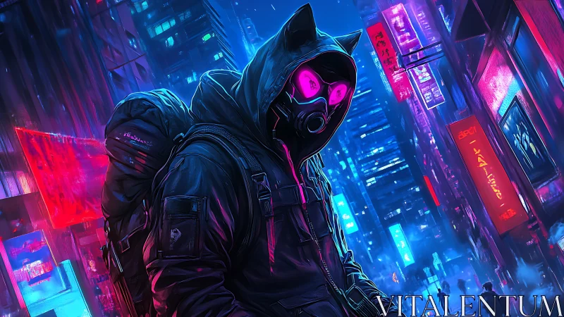 Hooded cyberpunk wanderer stalks neon rain city street