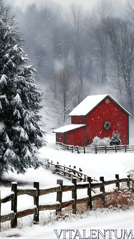 Photographic rural barn in structured winter landscape composition.