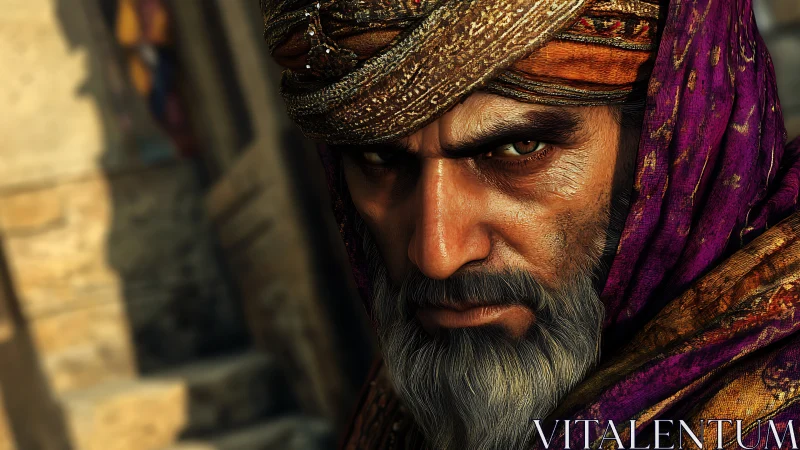 Weathered desert elder wrapped in rich violet and gold robes.