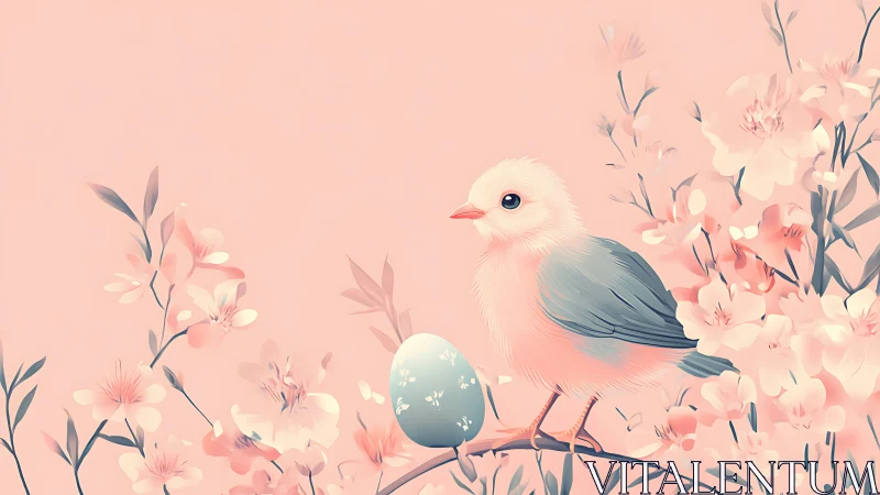 Pastel digital painting of spring chick, egg, and blossoms.